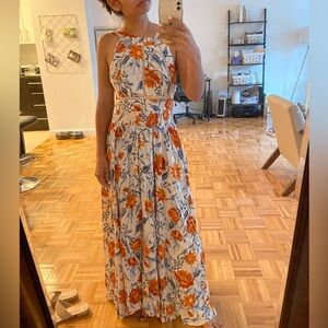 Elegant Floral Maxi Dress in Orange and Blue